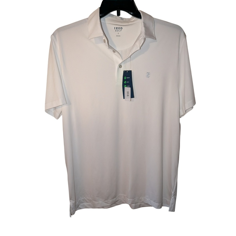 Izod Golf Mens Performance Polo Shirt White Short Sleeve Quick Dry UPF-15 Large